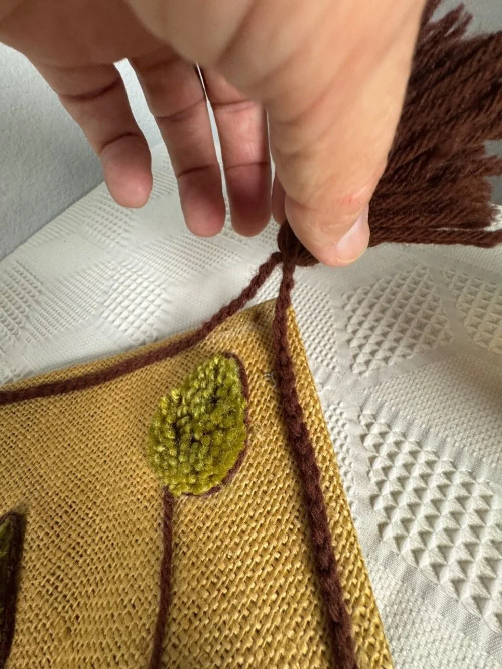 Handcrafted Burlap Yarn Wall Hanging w Windmill Floral Design 1970s Vintage